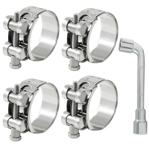 HARSKIYER 4 Pcs T Bolt Hose Clamp, 44-47mm 304 Stainless Steel Adjustable Tube Clamps, Heavy Duty Turbo Pipe Clamps with Socket Wrench for Industrial, Automotive