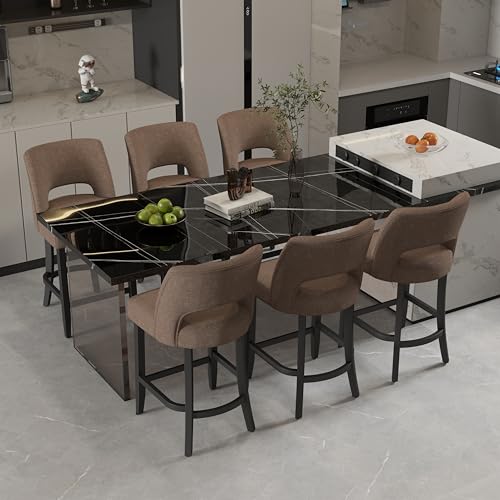 Image of VKNOW Bar Stools Set of 6, 26 inch Upholstered Counter Height Bar Stools, Modern Counter Stools with Black Legs for Kitchen Island Dining Room Bar, Brown-Black Legs