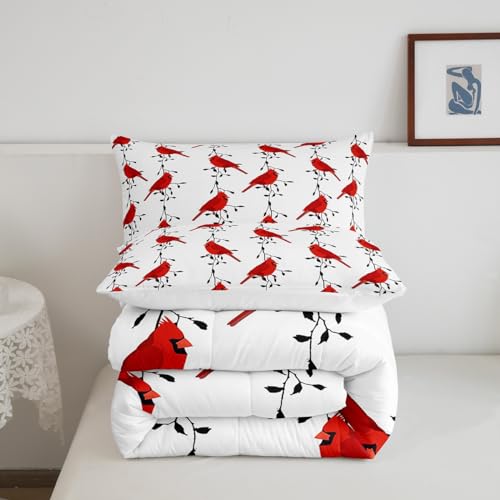 Image of Feelyou Kids Cute Bird Bedding Set for Girls Boys Red Birds Cardinals Comforter DecorBlack Tree Branches Comforter Set Farmhouse Country Duvet Set King Size 3Pcs Quilt Boys