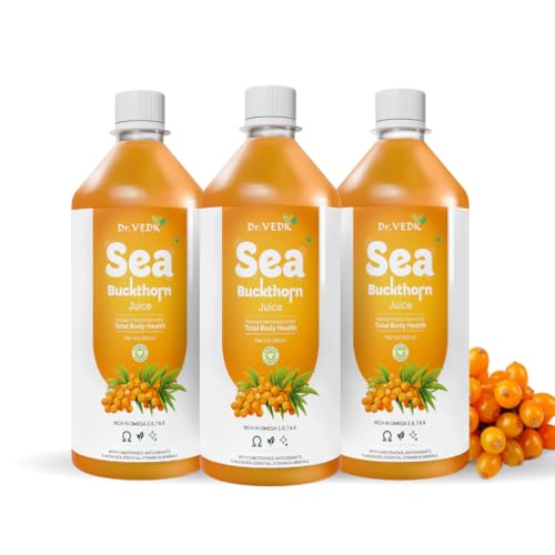 Image of Dr Vedic Himalayan Sea Buckthorn Juice 500ml | Cold-Pressed Pulp Concentrate | Rich in Natural Vitamin C, Omega 3-6-7-9 & Antioxidants | Supports Immunity, Skin Radiance & Gut Health | Herbal Superfruit Supplement (Pack Of 3)