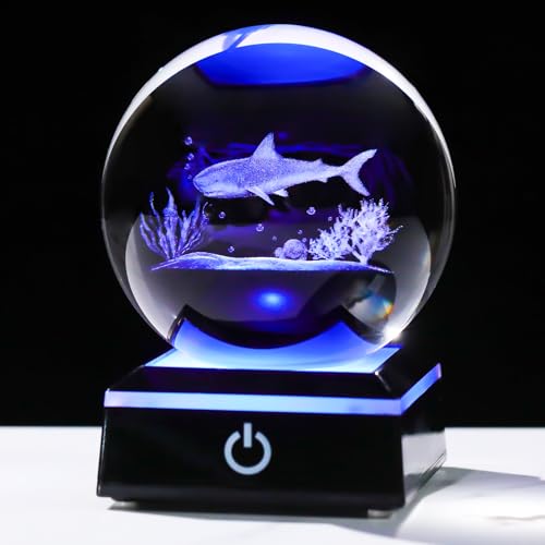 Image of Arikyrist 3D Crystal Ball Shark Figurine with Colorful Light Base, Shark Gifts for Shark Lovers Women Men on Christmas Birthday, Laser Engraved Glass Shark Ornament Globe for Home Office (80mm)