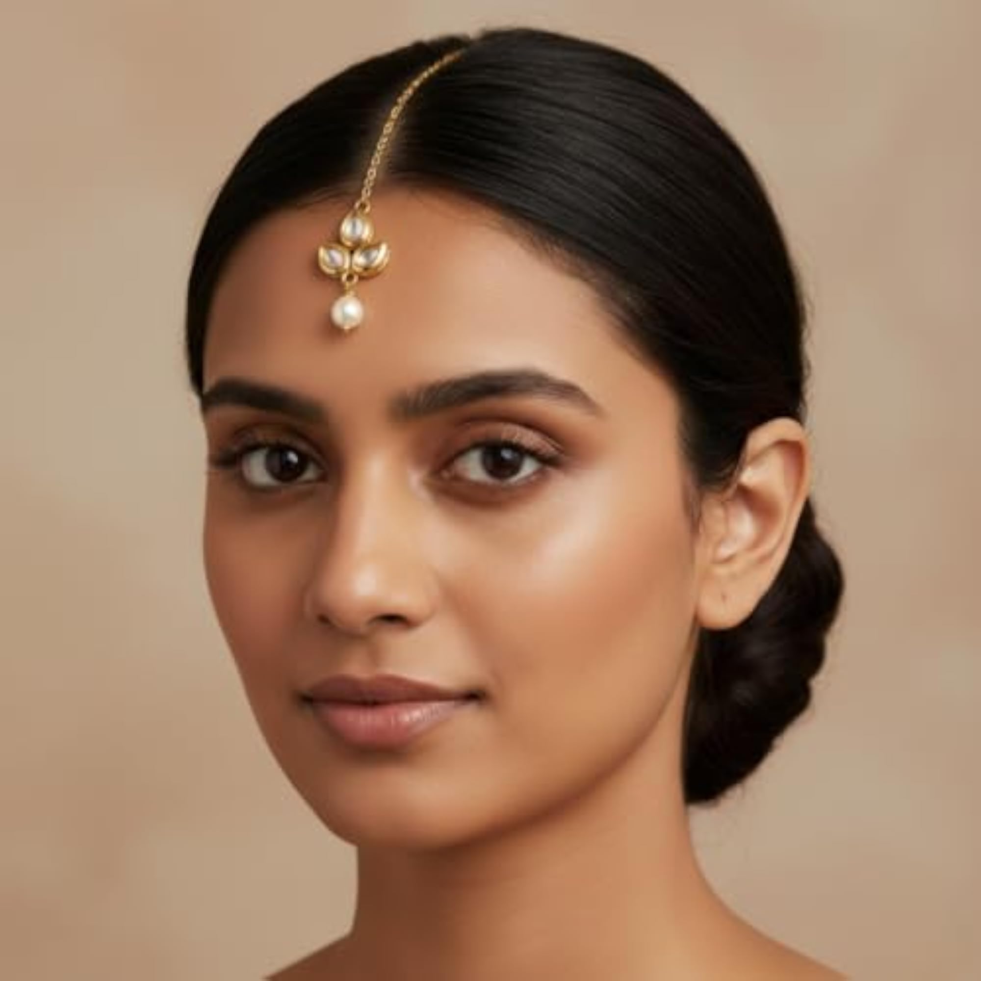 Traditional Polki Kundan Studded Maang Tikka with Pearl Drops