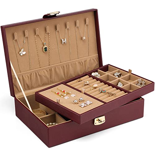 Vlando Jewelry Box for Women, Gift for Women Girls,2 Layer Jewelry Box,Large Jewelry Organizer for Women Removable Jewelery Tray for Necklace Earrings Rings(Cream White) 01-Cream White