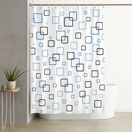 Cortina de Ducha PEVA 180x180 cm Blanco y Azul Formas Cuadradas Impermeable Antimoho con Ojales Metálicos y 12 Ganchos Libre de PVC Secado Rápido Eco-Friendly Fácil Instalación
