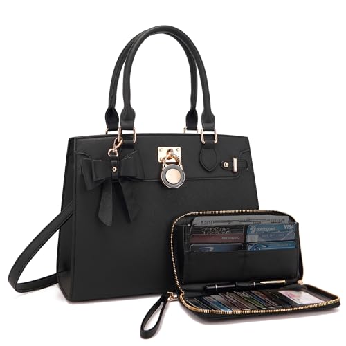 Women Handbags Set Top Handle Satchel Tote Shoulder Work Bag Ladies Purses With Matching Clutch Wallet 2PCS Black