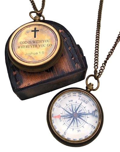 God is with You Wherever You Go Engraved Compass with Authentic Leather Case Brass Compass Directional Compass, Baptism Gifts for Boys & Girls, First Communion