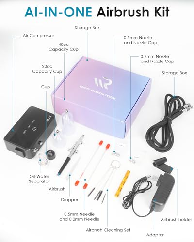 Image of Airbrush Kit with Air Compressor, Intuitive 50 PSI High Pressure Air Brush with 0.2 /0.3 /0.5mm Nozzles & Cleaning Sets, Perfect for Modeling, Painting, Nails, Makeup, Cake Decorating
