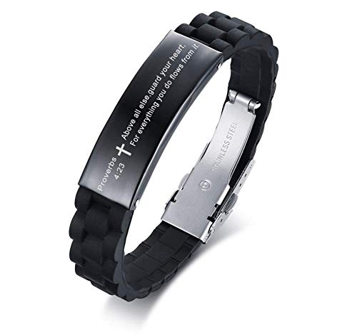 XUANPAI Adjustable Silicone Bracelet Engraved English Bible Matthew 28:20, I Am With You Always Bible Verse Quote Cross ID Bracelets for Men Women