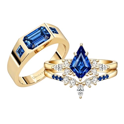 RYNSITO 3PCS Blue Sapphire Couple Ring Set 925 Sterling Silver/10K/14K/18K Gold His and Hers Wedding Bands with Blue Sapphire Couple Ring Promise Rings for Men Women