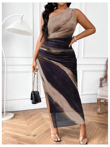 Image of Floerns Women's Plus Size Tie Dye Sleeveless Ruched One Shoulder Slit Evening Maxi Mesh Dresses