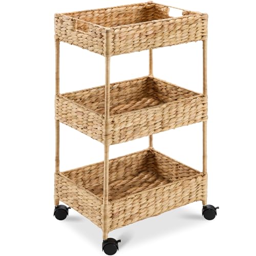 Image of Best Choice Products 3-Tier Water Hyacinth Rolling Nursery Caddy w/Wheels, Utility Cart, Storage Organization for Bathroom, Craft Room, Laundry Room– Natural