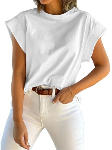 Tankaneo Womens Summer Cap Sleeve Tank Top Crew Neck Solid Casual Loose Fit Basic Tee Shirt