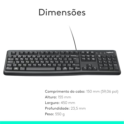 Teclado com fio USB Logitech K120, Resistente à Respingos, Barra de Espaço Curva, Compatível com PC e Notebook, Layout ABNT2 glide