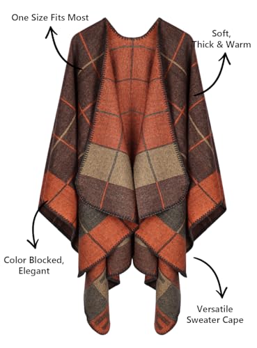 Image of Bestshe Women's Boho Open Front Poncho Plaid Shawl Wrap Cape
