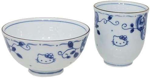 Kanesho Pottery Sanrio Hello Kitty Blue Rose Japanese Bowl & Japanese Tea Cup Yunomi Set 307739