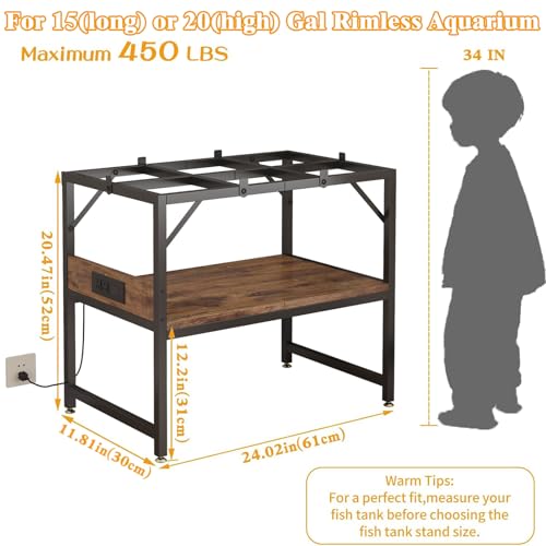 Image of METYERRY Modern 15 Long Gallon Fish Tank Stand for Home Office, 2-Tier Aquarium Stand with Shelf for Storage, Fish Tank Table 24 inch x 12 inch x 21 inch, Ideal for Breeder Tanks, and Reptile Terrariums, Rustic Brown