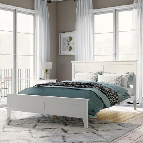 Image of Harper & Bright Designs Full Size Modern Platform Bed Frame, Solid Wood Platform Bed Frame with Headboard, Wood Slat Support, No Box Spring Needed, for Living Room, White