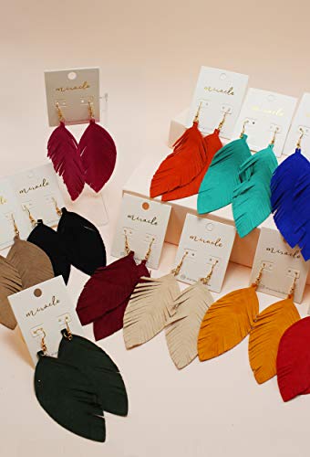 Large Genuine Soft Leather Handmade Fringe Feather Lightweight Tear Drop Dangle Color Earrings For Women Girls Fashion (Blue) #TOP2