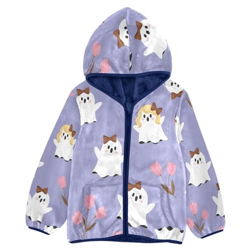 Cute Ghosts with Flowers Pattern Toddler Fleece Jacket Girl Boys Hooded Fleece Jacket Coat Warm Outwear Zip-up 3-10T