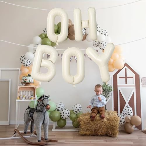 Image of Large Beige Oh Boy Balloons, 40 Inch Cream White Sand OH BOY Balloon Letters with Ribbon, Neutral Ivory Alphabet Oh Boy Balloon for Baby Kid Boys Birthday Baby Shower Gender Reveal Party Decorations