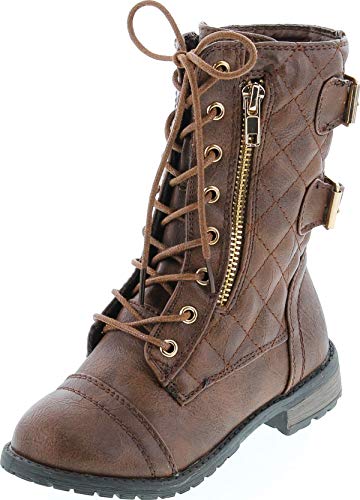 Link Girls Mango-79 Kids Combat Lace Up Quilted Dual Buckle Zip Decor Mid Calf Motorcycle Boots