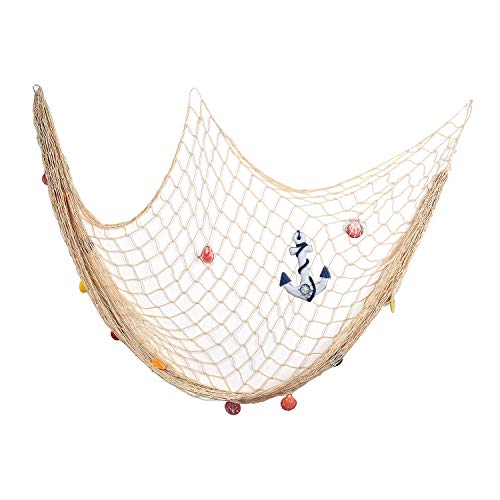 Yagote 79inch x 59inch Decorative Fish Net with Anchor and Shells White Mediterranean Style Nautical Decorative Fishing Net Hanging Home Decor Room Decoration(79x59inch White+Anchor)