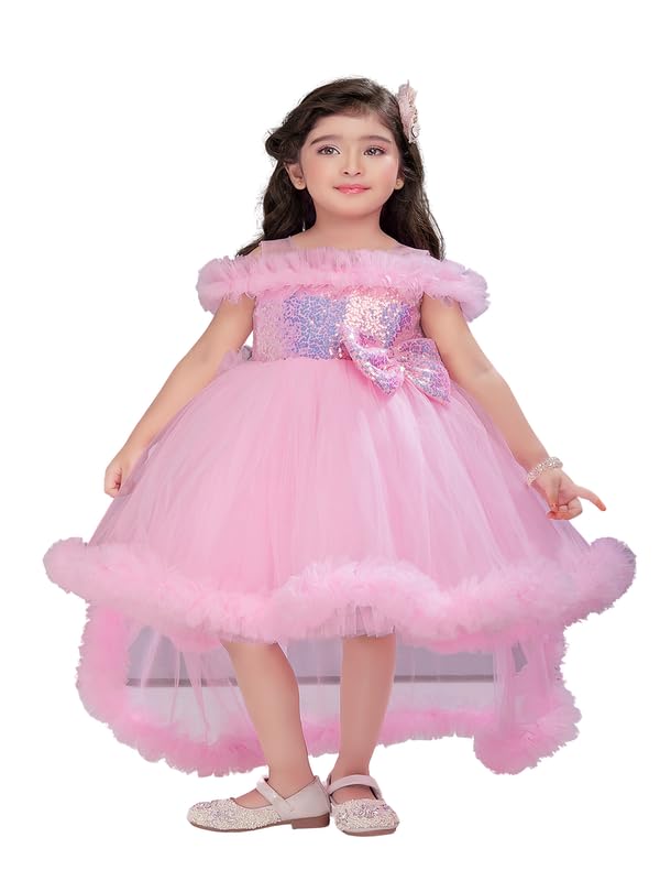 Image of Ministitch Kids Girls Barbi Tail Look Sequence Yoke Net Off Shoulder Party Bithday wear Frock and Dresses
