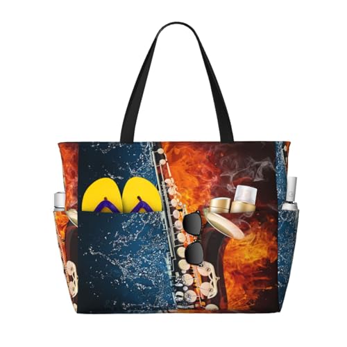 Grand sac de plage saxophone dans le feu et l'eau fourre-tout pour femme