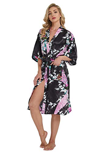 Westkun Kimono Japones Mujer Albornoz Vestido de Satén Pavo Real Novia Pijamas Largo Sexy y Elegante de Seda Bata Camisón Robe Lencería Cardigan(Negro,3XL)