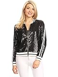Anna-Kaci Womens Long Sleeve Front Zip Track Stripe Sequin Bomber Jacket, Black, Small
