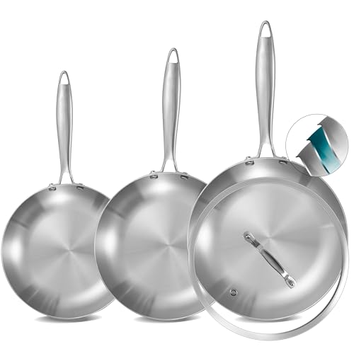 Inqibee 20-24-28 CM Tri-Ply Stainless Steel Frying Pan Set of 3 with a lid,Skillets,Induction Cookware Set,Eevn Heating and Oven Safe