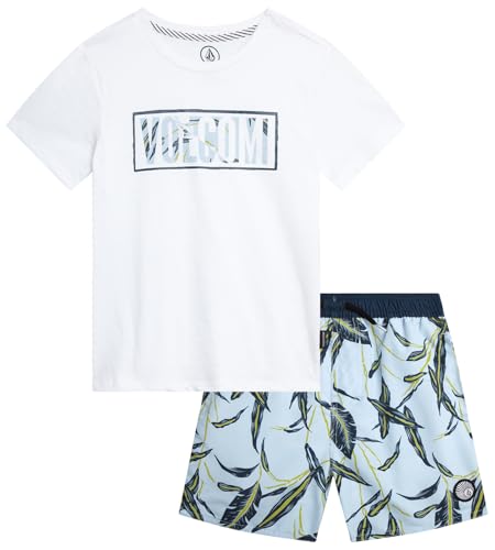 Image of Volcom Baby Boys Swim Set - 2 Piece Short Sleeve Swim Shirt Graphic Tees & Board Shorts - Infant Toddler Little Boys Swimsuit