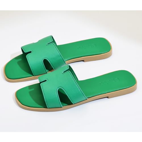 Image of Women's Flat Sandals, Ladies Leather Slippers, Comfy Dressy Slip on Shoes Elegant Slides Summer Fall Spring Cute Open Toe Casual Footwear