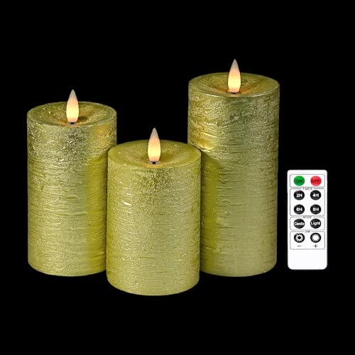 Image of Shiny Metallic Gold Flameless Pillar Candles, Patented 3D Moving Flame with Remote Timer, Battery Operated 400hrs LED Candles for Home, Wedding & Holiday Decor