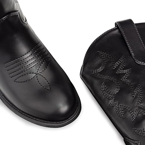 Cowboy Cowgirl Boots for Girls Boys Almond Toe Fashion Embroidery Western Mid Calf Riding Boots(Little Kid US 1,Black)4