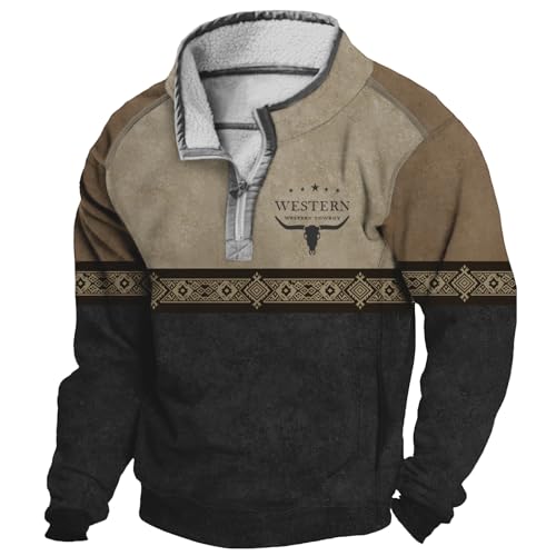 MARSVOVO Vintage Western Aztec Mens Quarter Zip Pullover Fall Cowboy Sweatshirts Fleece Lined Cool Jackets with Pocket