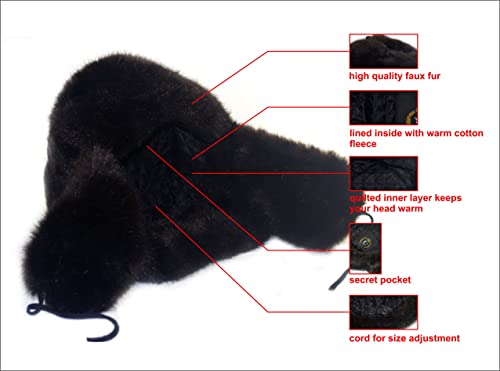 Image of Winter Fur Ushanka Russian Hat with Secret Pocket and Removable RED Star Emblem