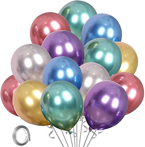 Chrome Metallic Latex Party Balloons, 60 Pack 12 inch Multicolor Metallic Helium Balloons for Wedding Graduation Baby Shower Birthday Party Decorations with 33FT Ribbon
