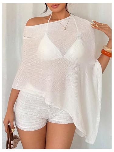 Floerns Women's Off The Shoulder Light Sweaters 3/4 Sleeve Asymmetrical Hem Knit Pullover Sweater2