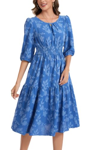 Image of Kormei Women Casual Boho Floral Round Neck 3 /4 Sleeve Smocked Waist Tiered A Line Flowy Swing Midi Dress Long Dresses