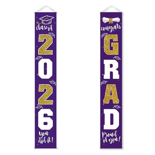 Image of Graduation Decorations 2026 Banner Porch Sign Purple Gold for Class of 2026 Graduates Party Supplies