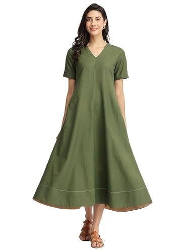 Pink Fort Linen Blend Solid A-Line Dress - Olive