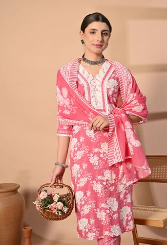 Image of Women's Cotton Stitched Straight Salwar Suit Set | Printed Cotton Dupatta, Embroidered Round Neck Ethnic Kurta, with Pant