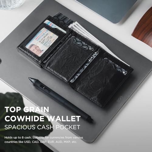 Image of VULKIT Card Holder Wallet with Coin Pocket Magnetic Closure Pop Up Cards With ID Window Leather Wallet for Cash & Credit Cards, Handcrafted Hammered Style - Black, Small, Minimalist