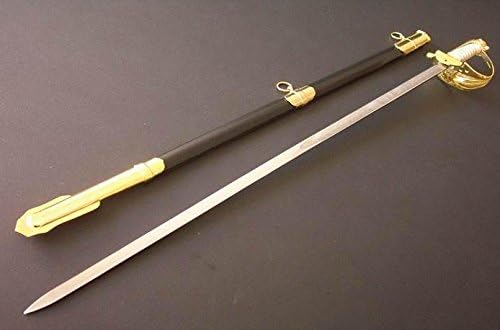 Pieno view of the S3503 sword alongside its black leather scabbard.