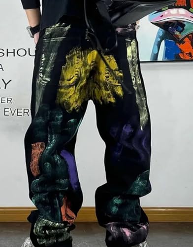 Men’S Trendy Hip Hop Graffiti Baggy Straight Denim Cargo Trousers Slim Fit Full Length Button Fly Midweight Fashion Pants3