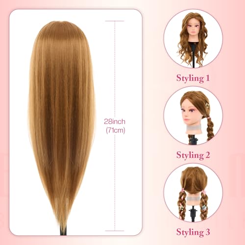 Image of Mannequin Head Human Hair with 80% Real Hair 28 inch Makeup Doll Head | Cosmetology Manikin Head Hairdressing Practice Braiding Training Head for Hair Styling with Table Clamp #27