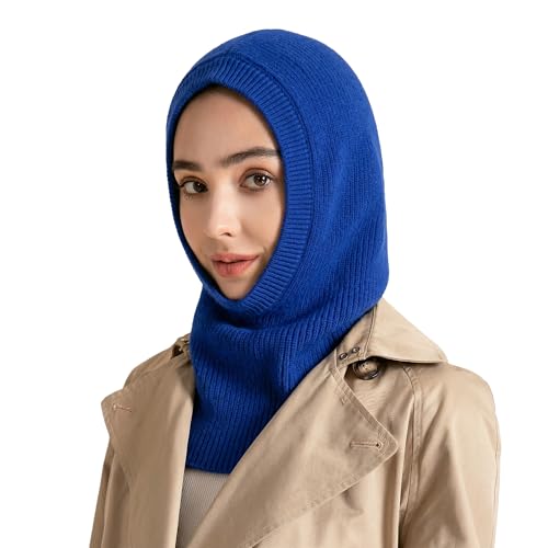 ZLYC Damen Winter Sturmhauben Stricken Winddicht Beanie Mütze Kapuzenschal(Solides Königsblau) …