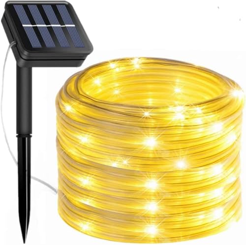 Tira de Luces LED Solares Impermeables al Aire Libre con manguera de luz con panel solar waterproof para Césped, Jardín, Patio, Fiesta, árbol de Navidad. (12 Metros - 100 Led, Blanco Calido)