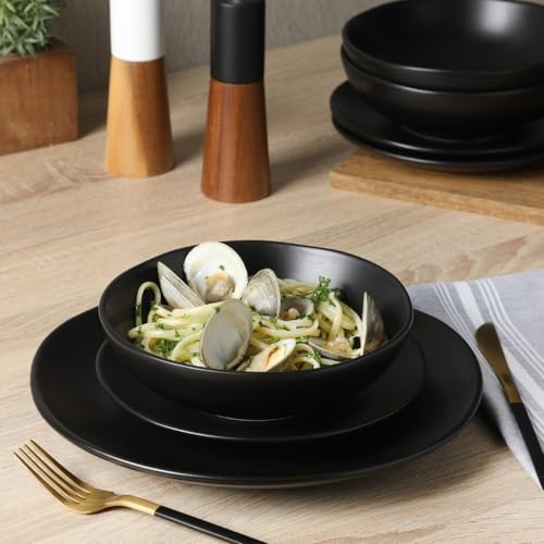 Image of Gibson Home Bethel 18 Piece Plates and Bowls Ceramic Stoneware Organic Shape Dinnerware Set (Service for 6) - Matte Black